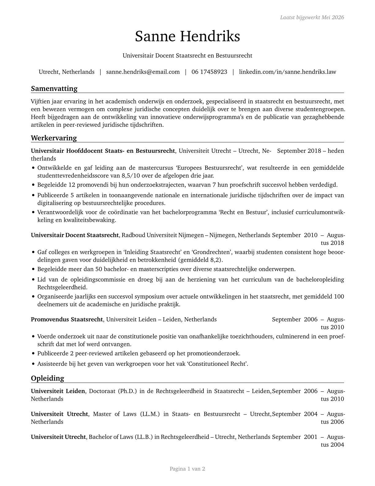 Law Teachers, Postsecondary CV in Dutch — page 1