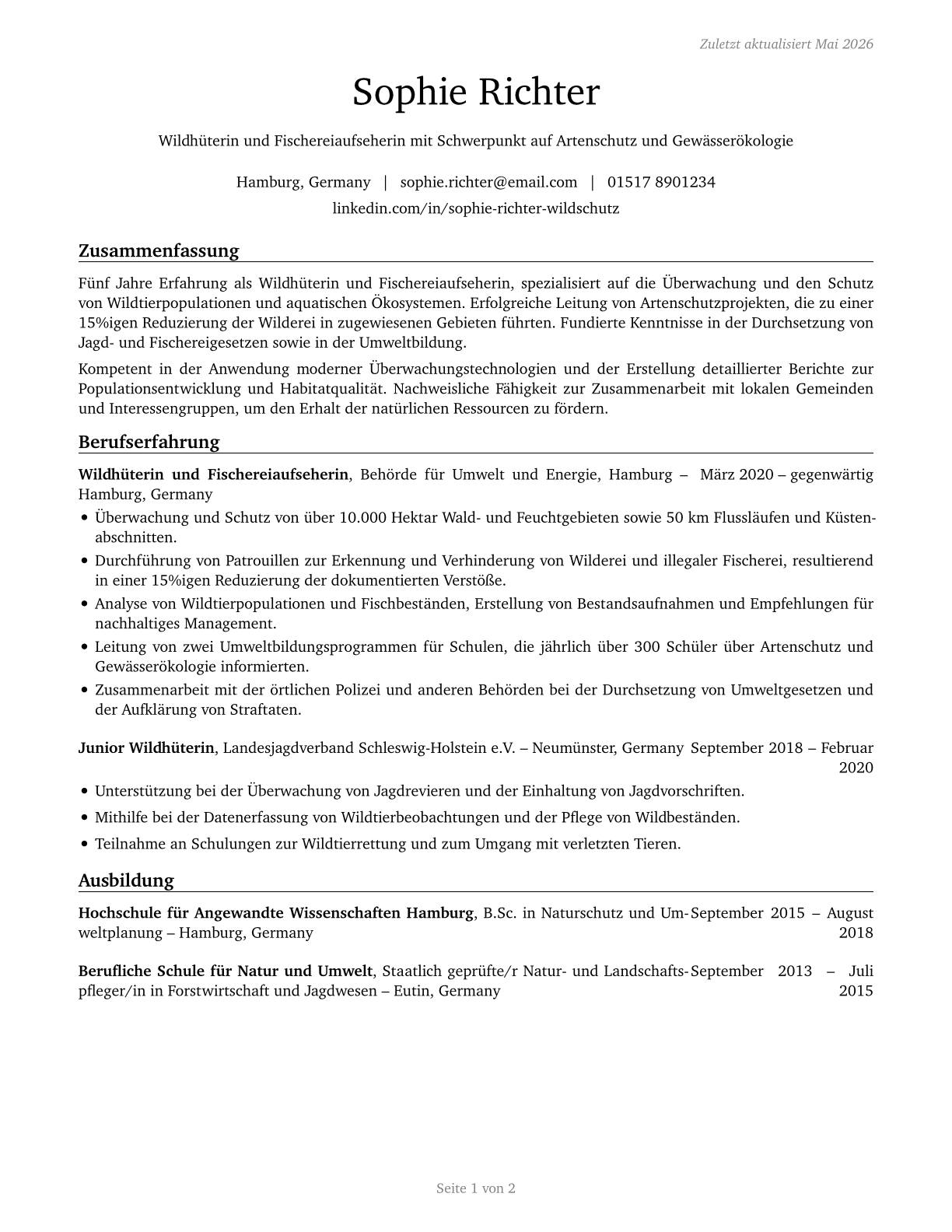 Fish and Game Wardens CV in German — page 1