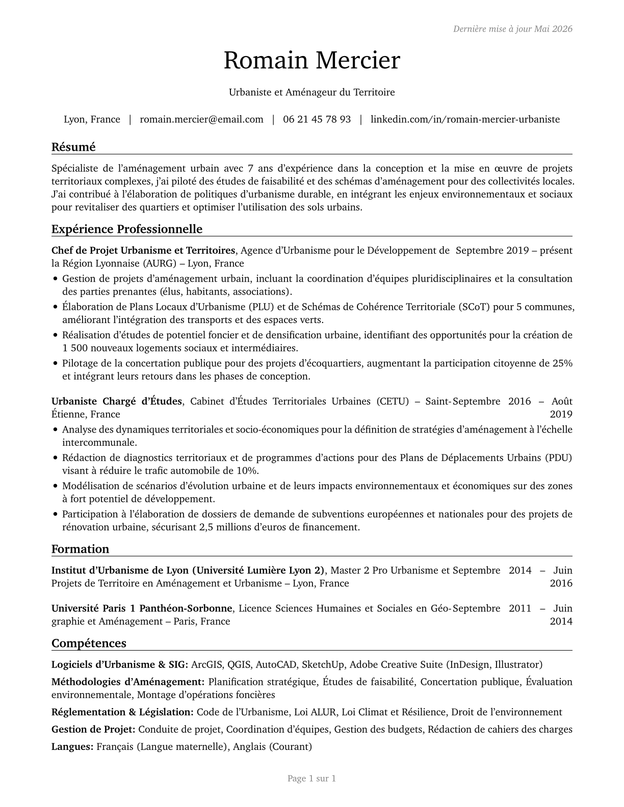 Urban and Regional Planners CV in French — page 1