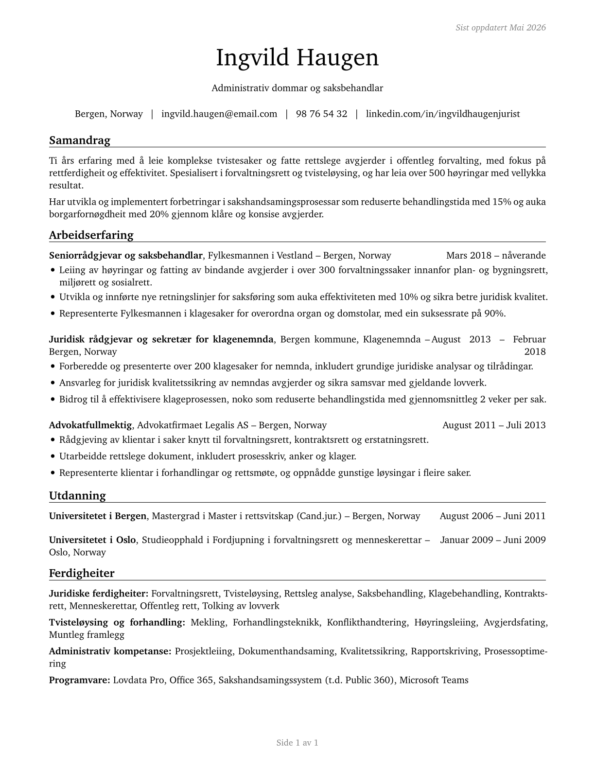 Administrative Law Judges, Adjudicators, and Hearing Officers CV in Norwegian_nynorsk — page 1