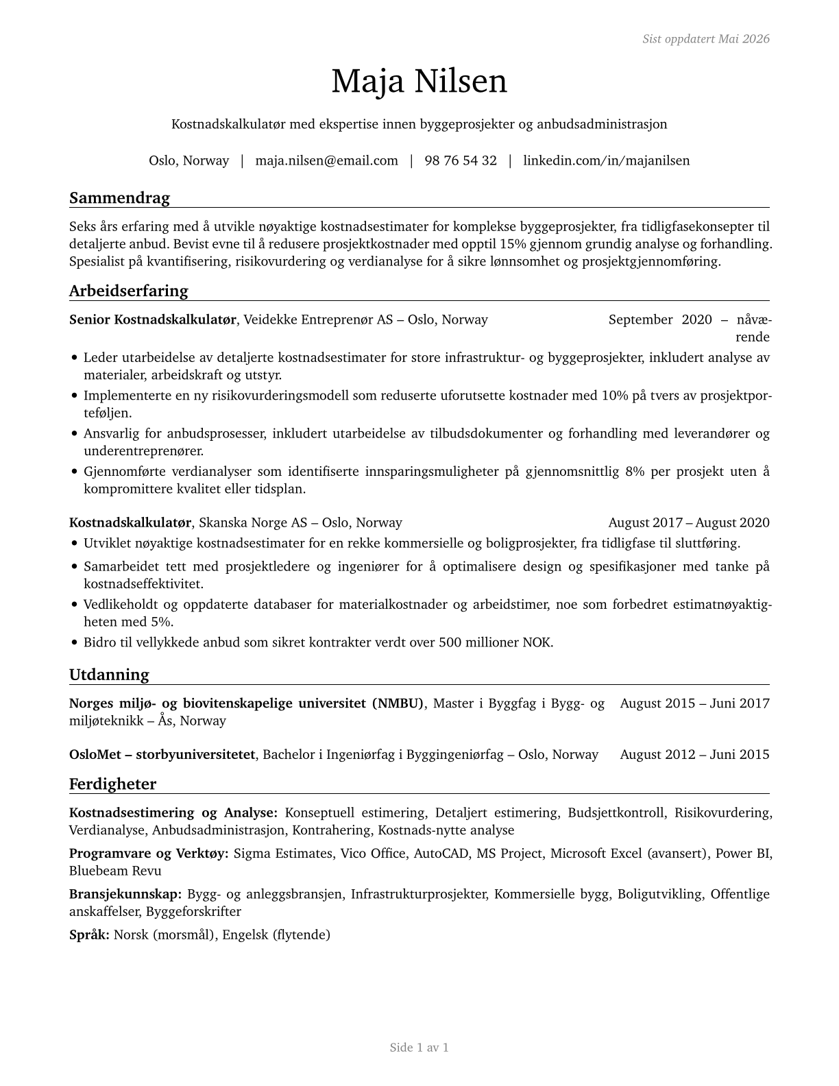 Cost Estimators CV in Norwegian_bokmal — page 1