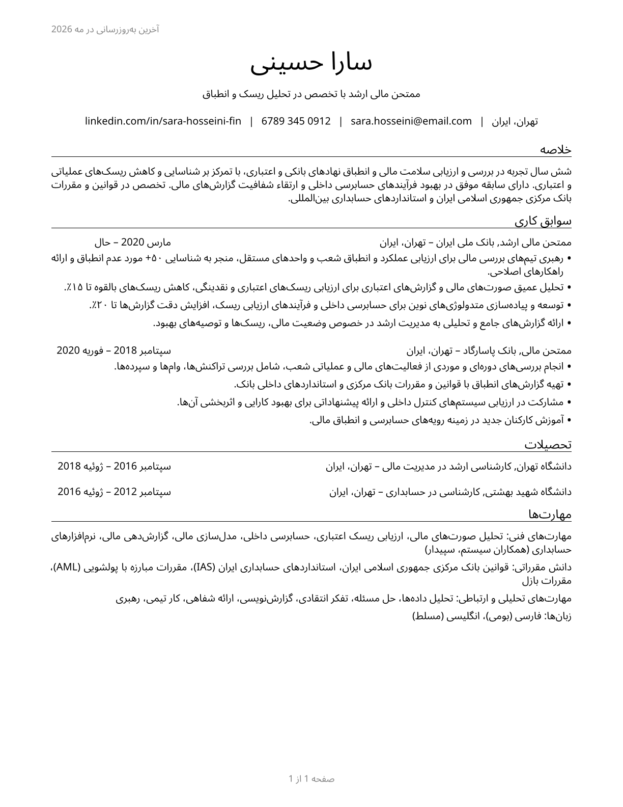 Financial Examiners CV in Persian — page 1