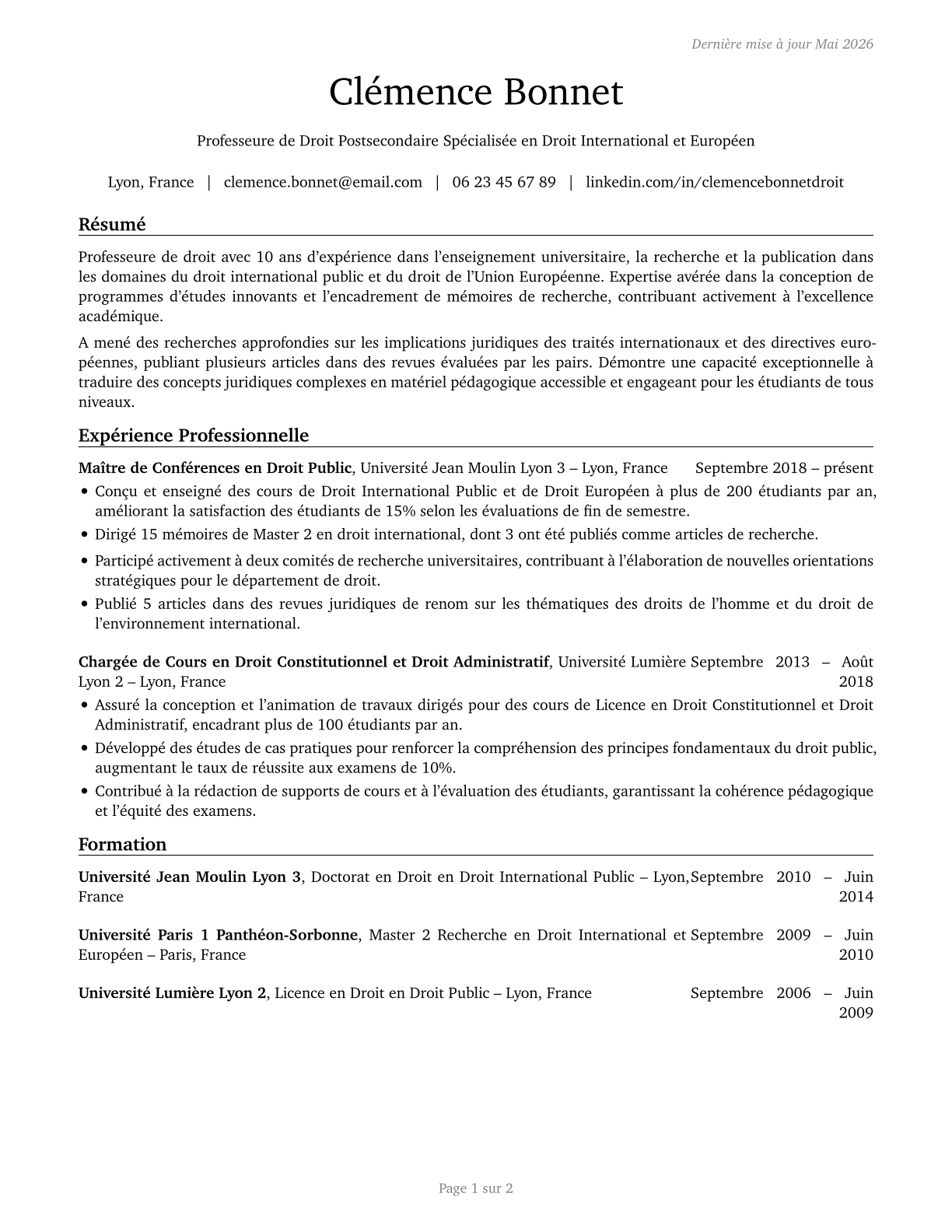 Law Teachers, Postsecondary CV in French — page 1