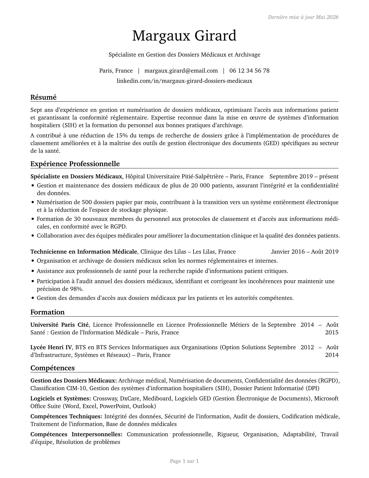 Medical Records Specialists CV in French — page 1