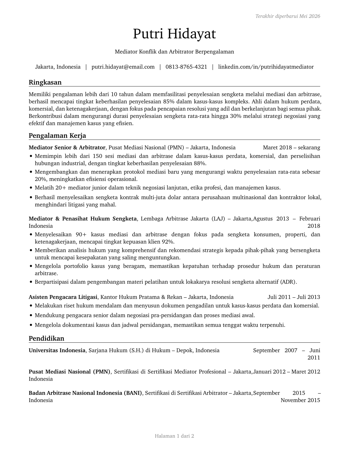 Arbitrators, Mediators, and Conciliators CV in Indonesian — page 1