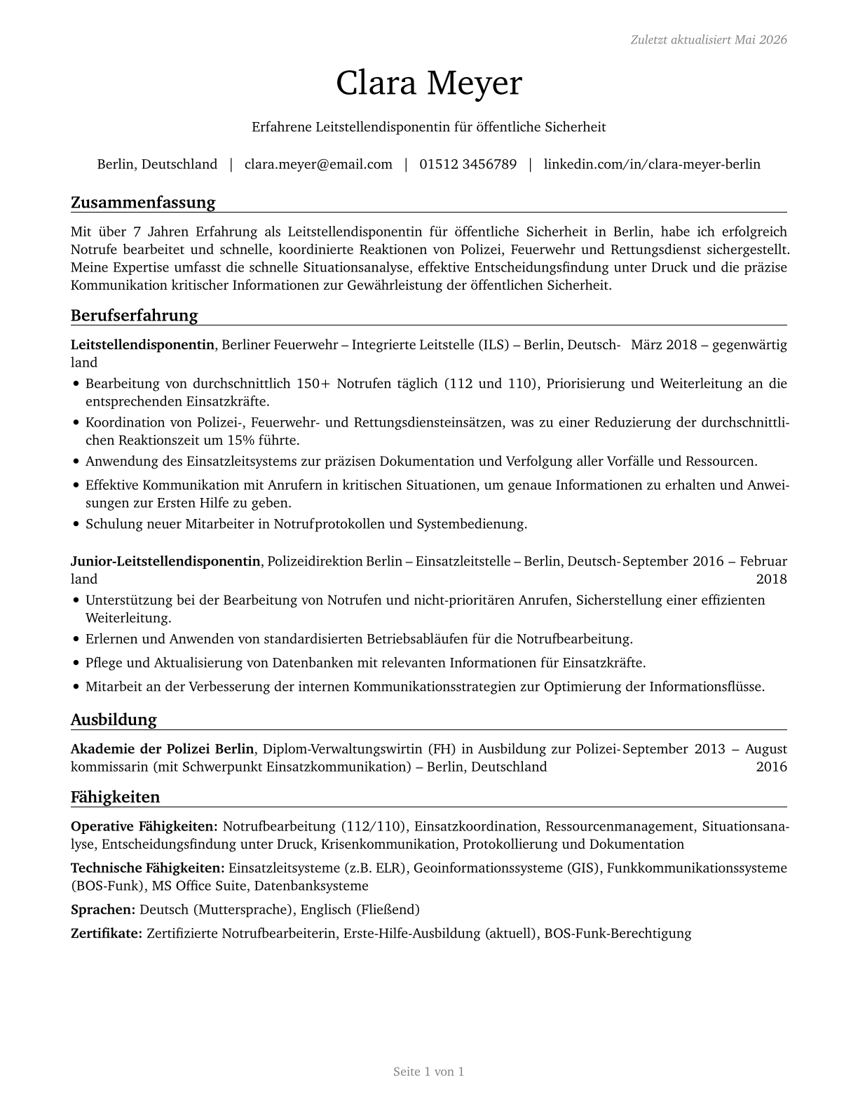 Public Safety Telecommunicators CV in German — page 1