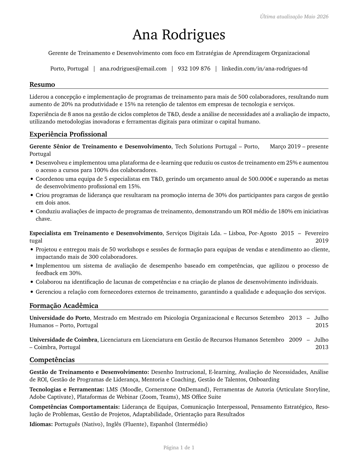 Training and Development Managers CV in Portuguese — page 1