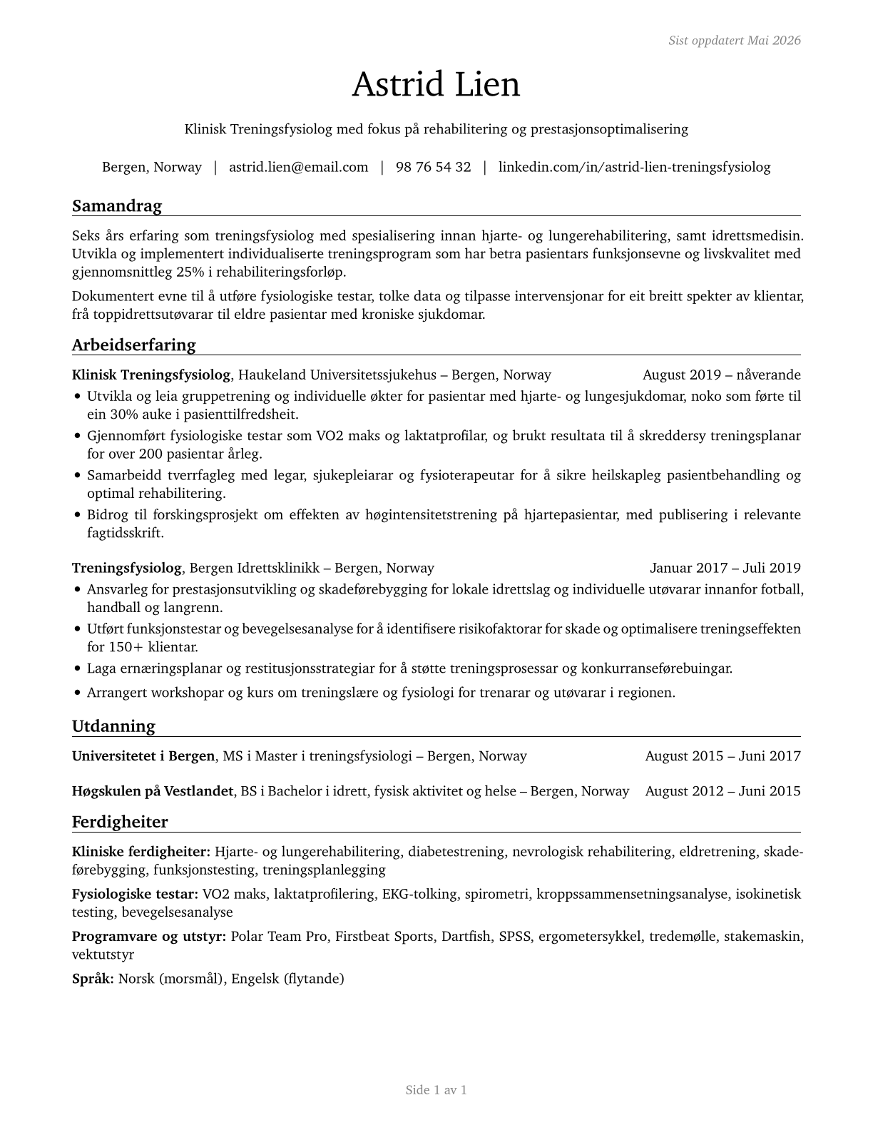 Exercise Physiologists CV in Norwegian_nynorsk — page 1