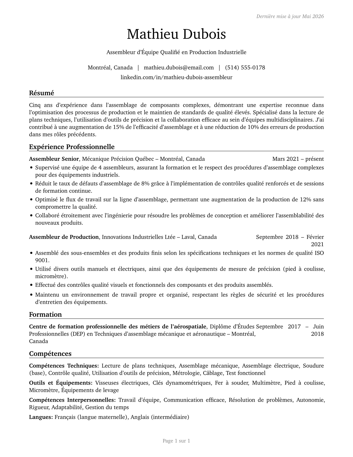Team Assemblers CV in French — page 1