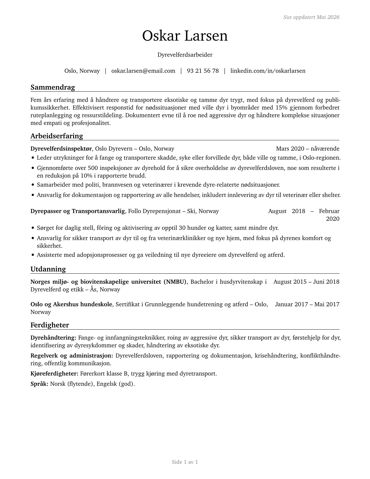 Animal Control Workers CV in Norwegian_bokmal — page 1