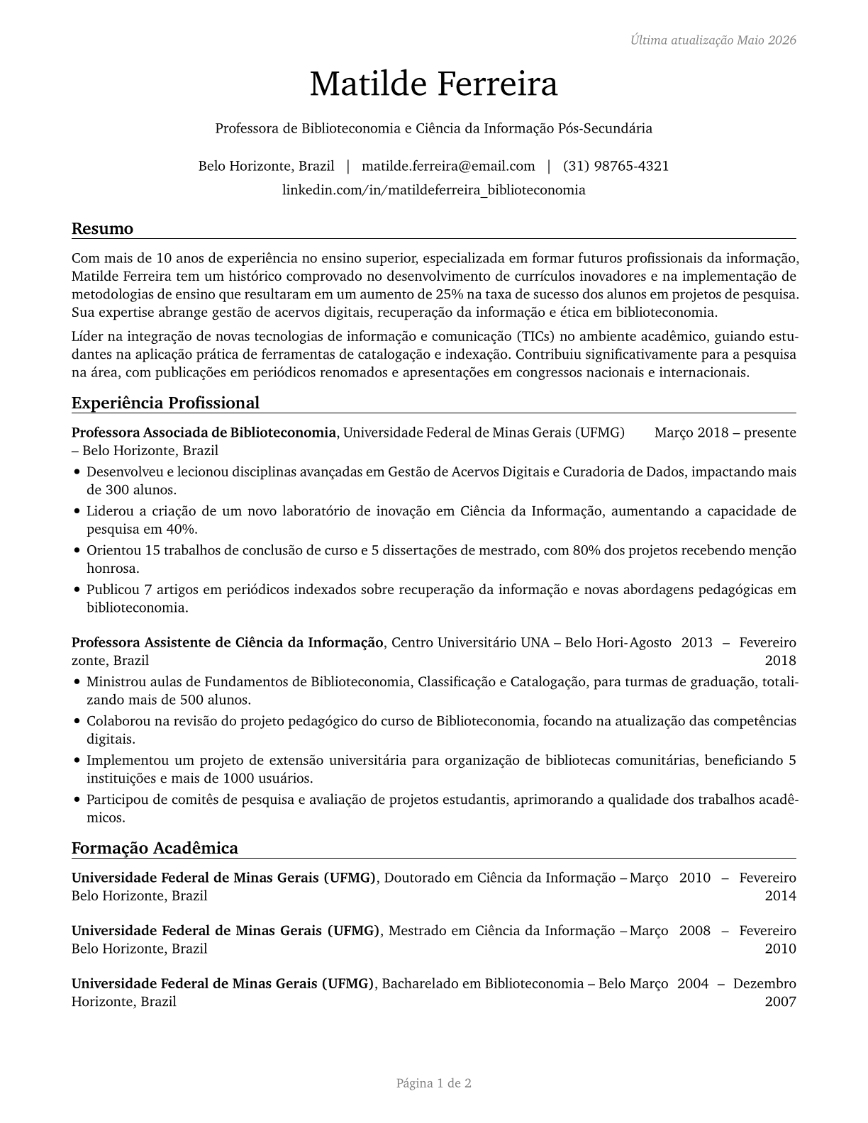 Library Science Teachers, Postsecondary CV in Portuguese — page 1