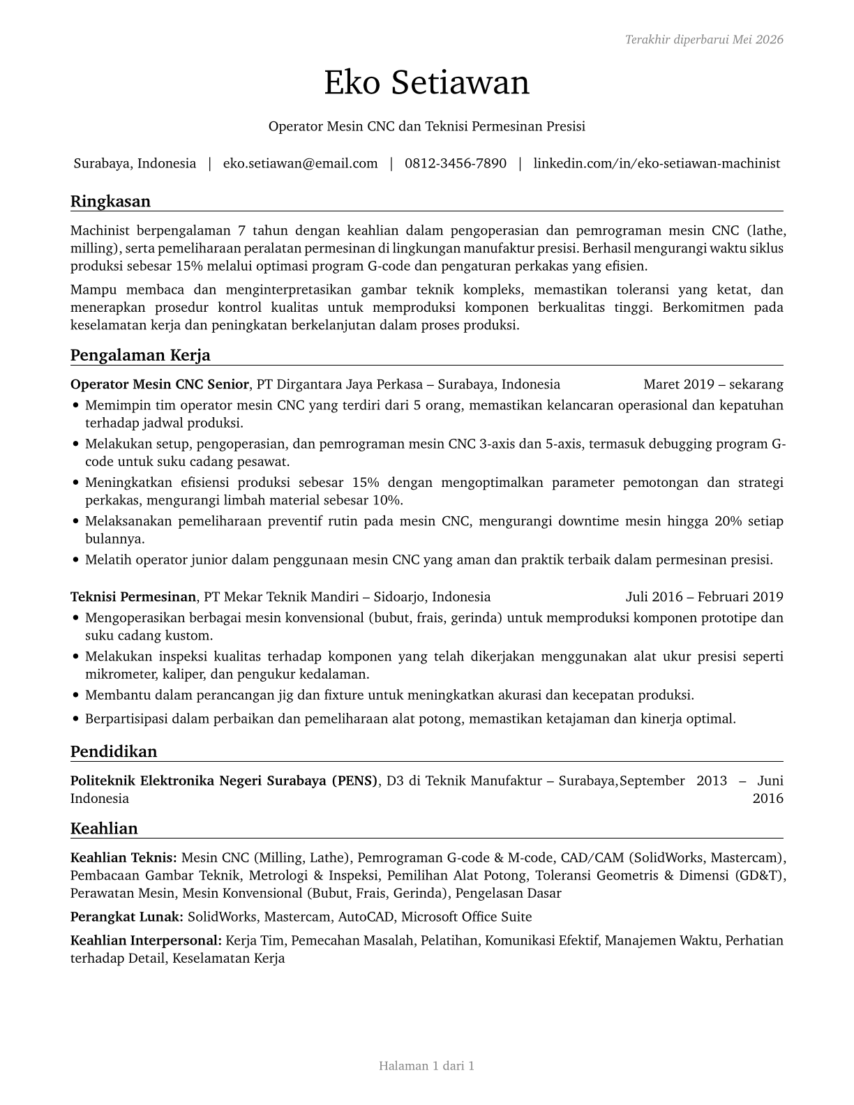 Machinists CV in Indonesian — page 1