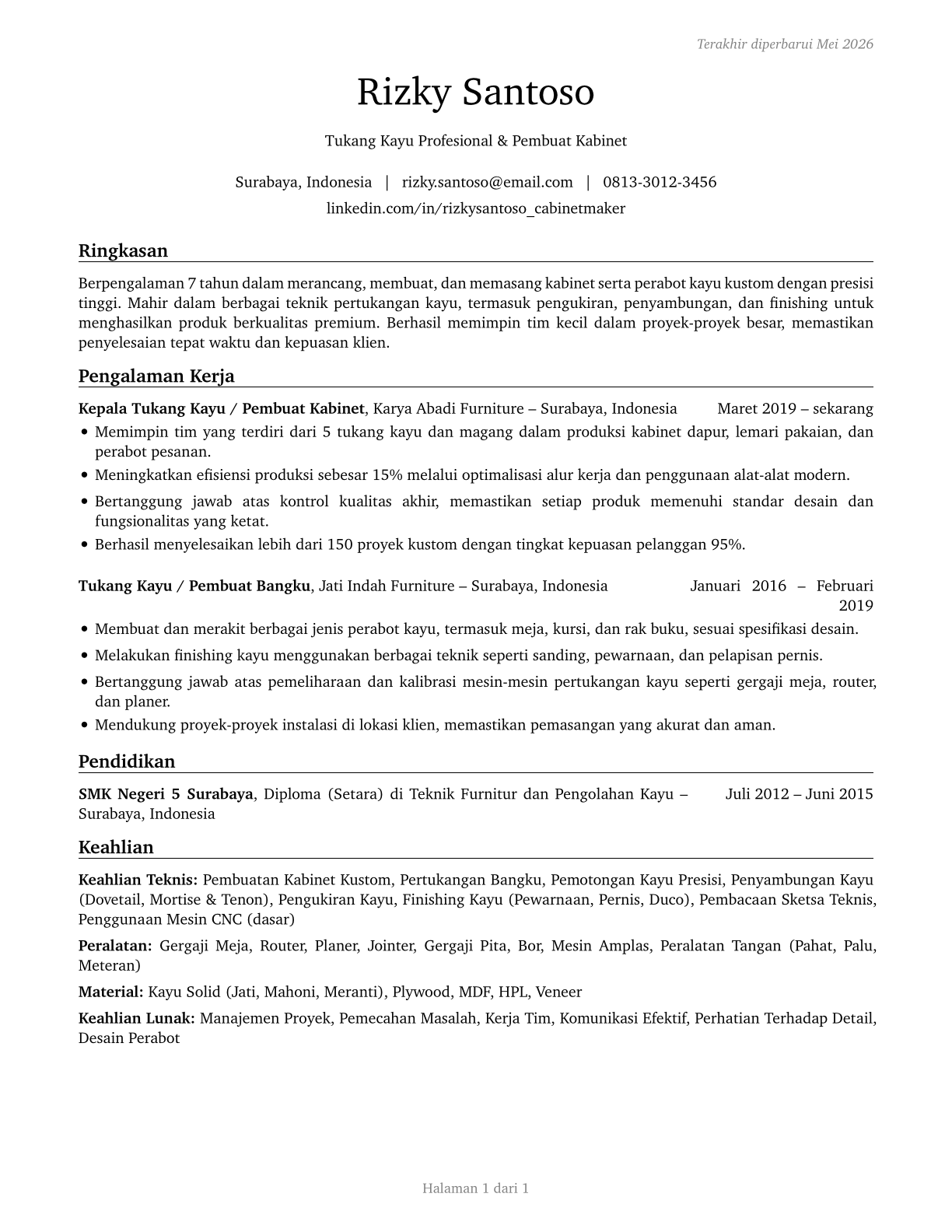 Cabinetmakers and Bench Carpenters CV in Indonesian — page 1