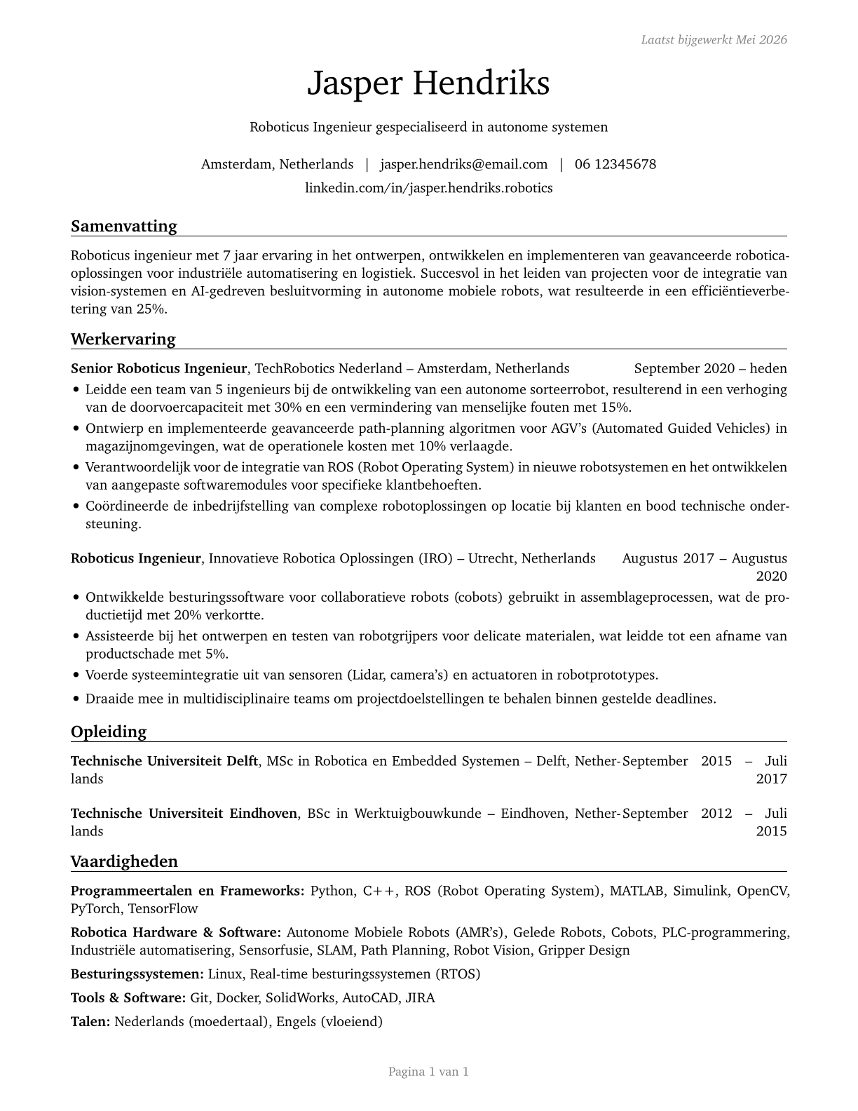 Robotics Engineers CV in Dutch — page 1