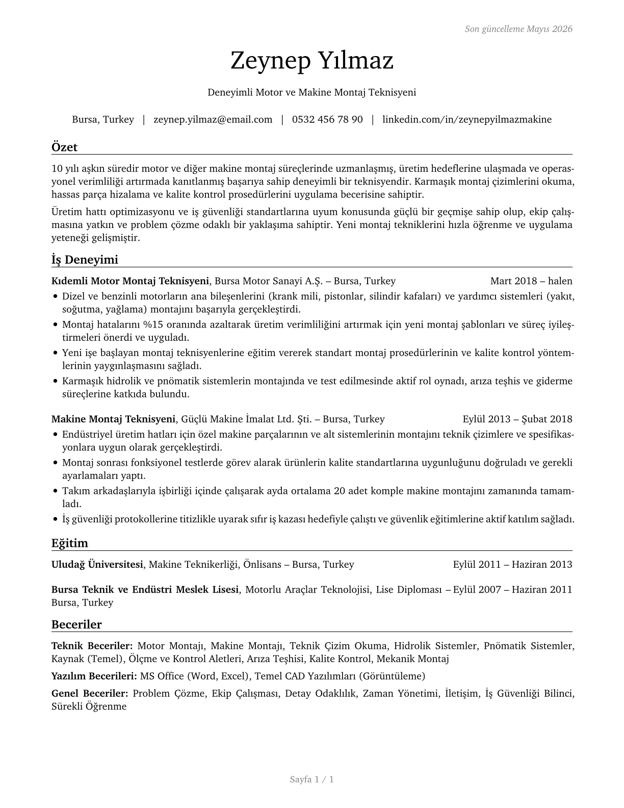 Engine and Other Machine Assemblers CV in Turkish — page 1