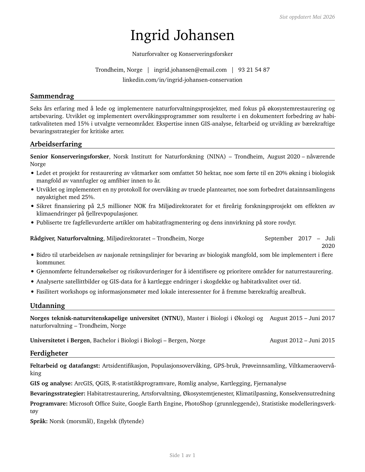 Conservation Scientists CV in Norwegian_bokmal — page 1