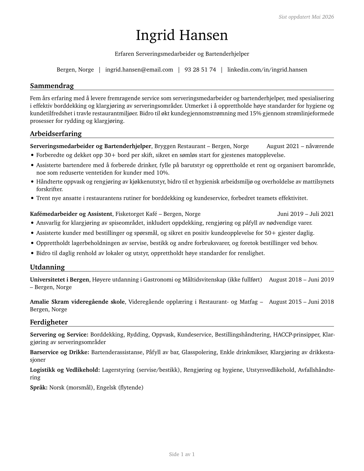 Dining Room and Cafeteria Attendants and Bartender Helpers CV in Norwegian_bokmal — page 1