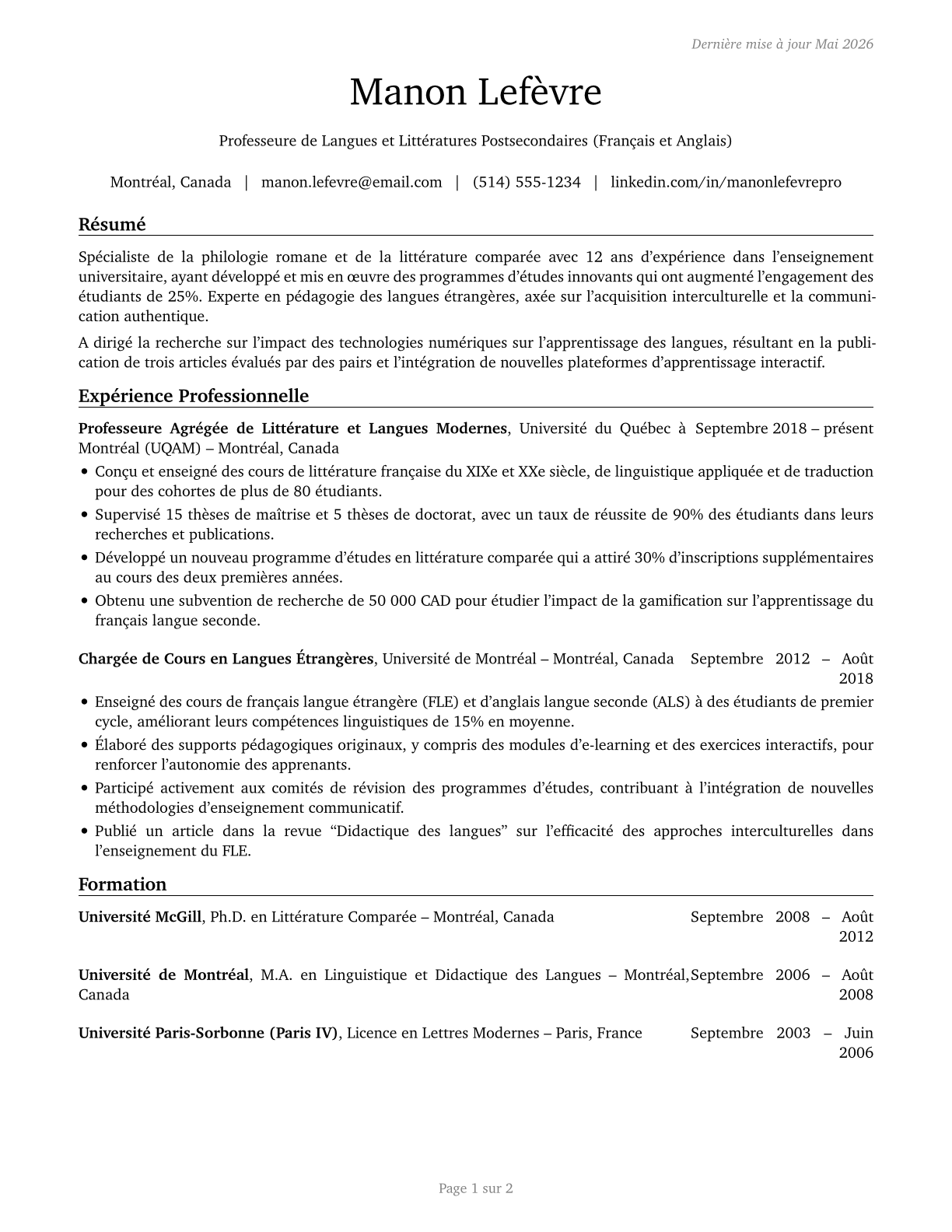 Foreign Language and Literature Teachers, Postsecondary CV in French — page 1