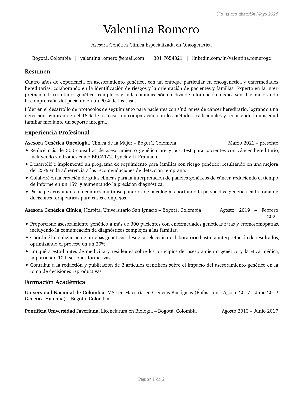 Genetic Counselors CV in Spanish — page 1
