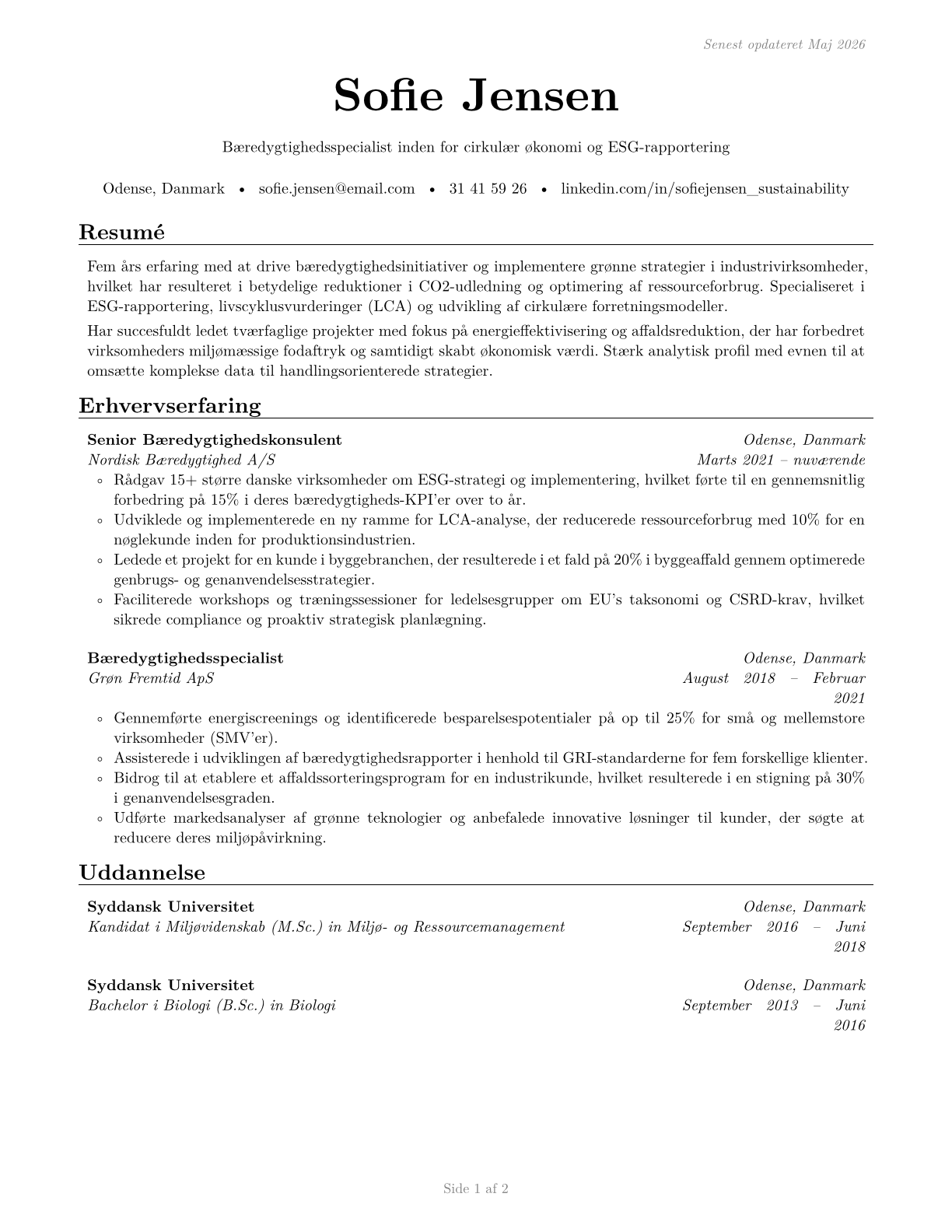Sustainability Specialists CV in Danish — page 1