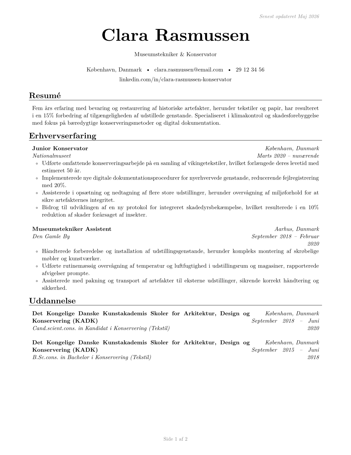 Museum Technicians and Conservators CV in Danish — page 1