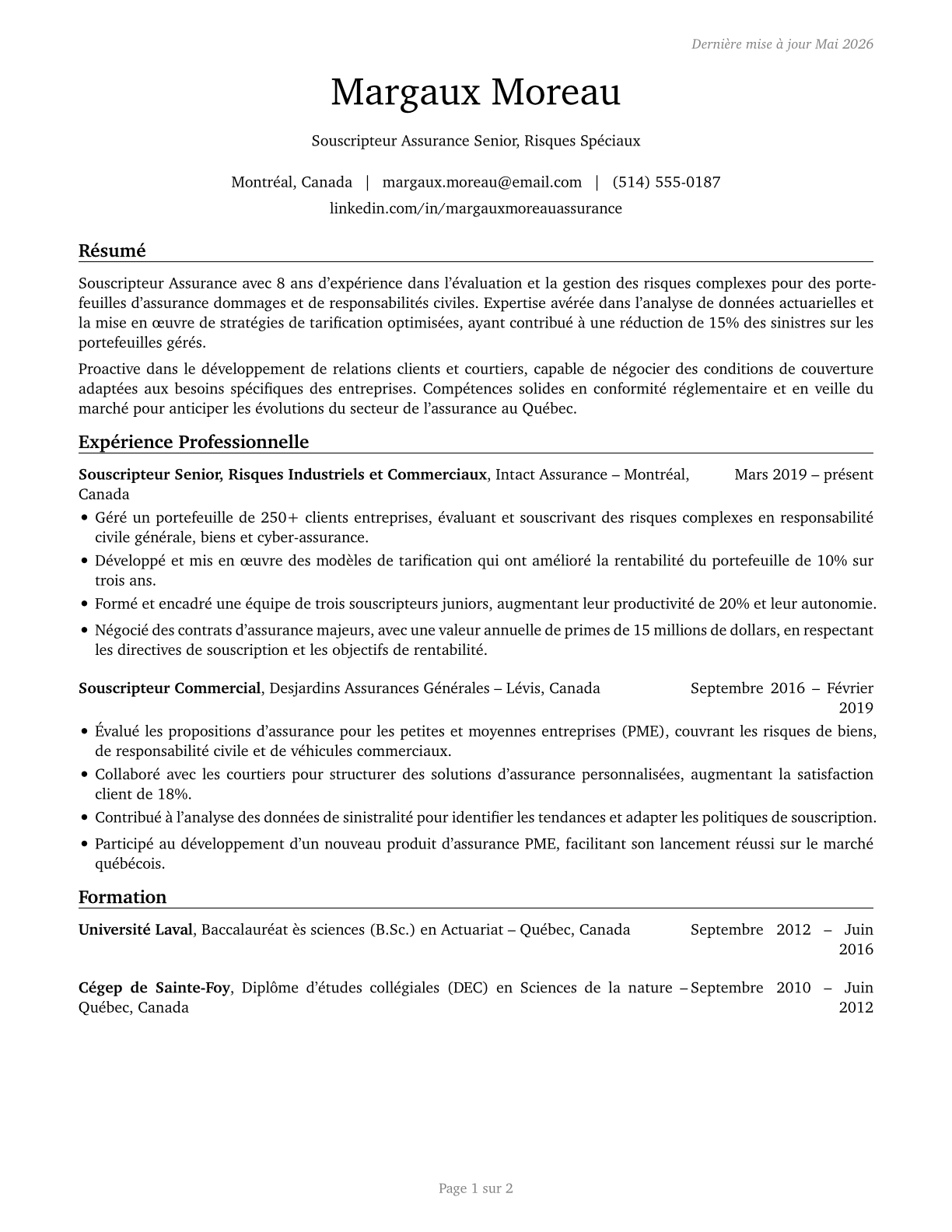 Insurance Underwriters CV in French — page 1
