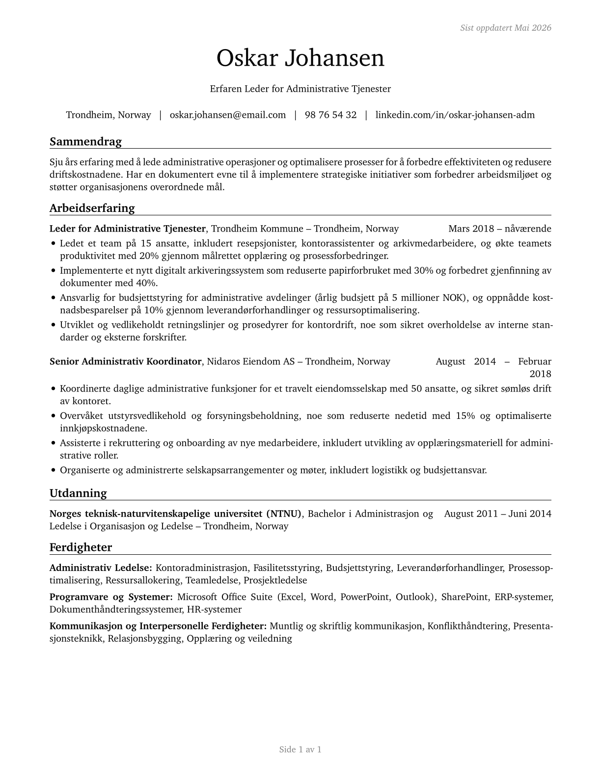 Administrative Services Managers CV in Norwegian_bokmal — page 1