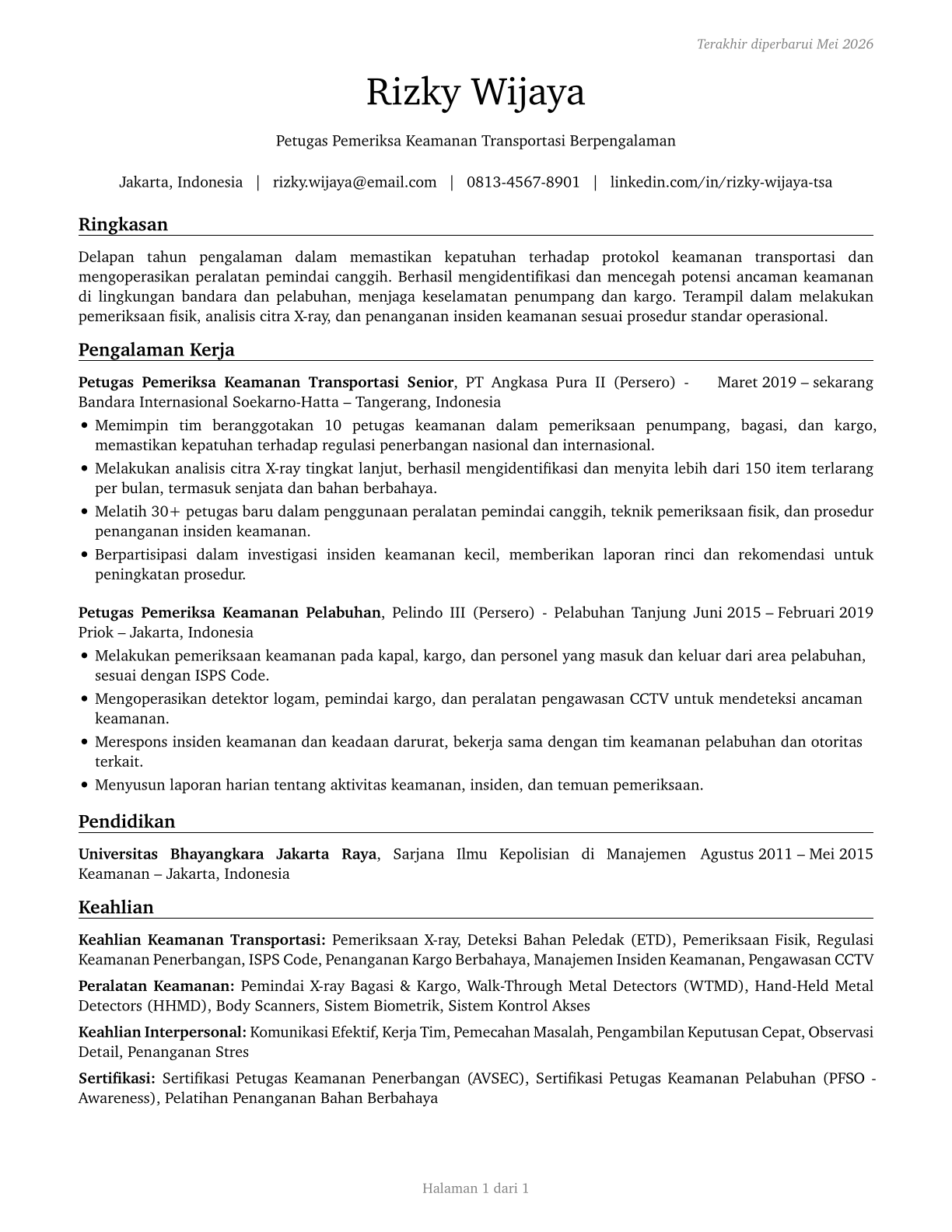 Transportation Security Screeners CV in Indonesian — page 1