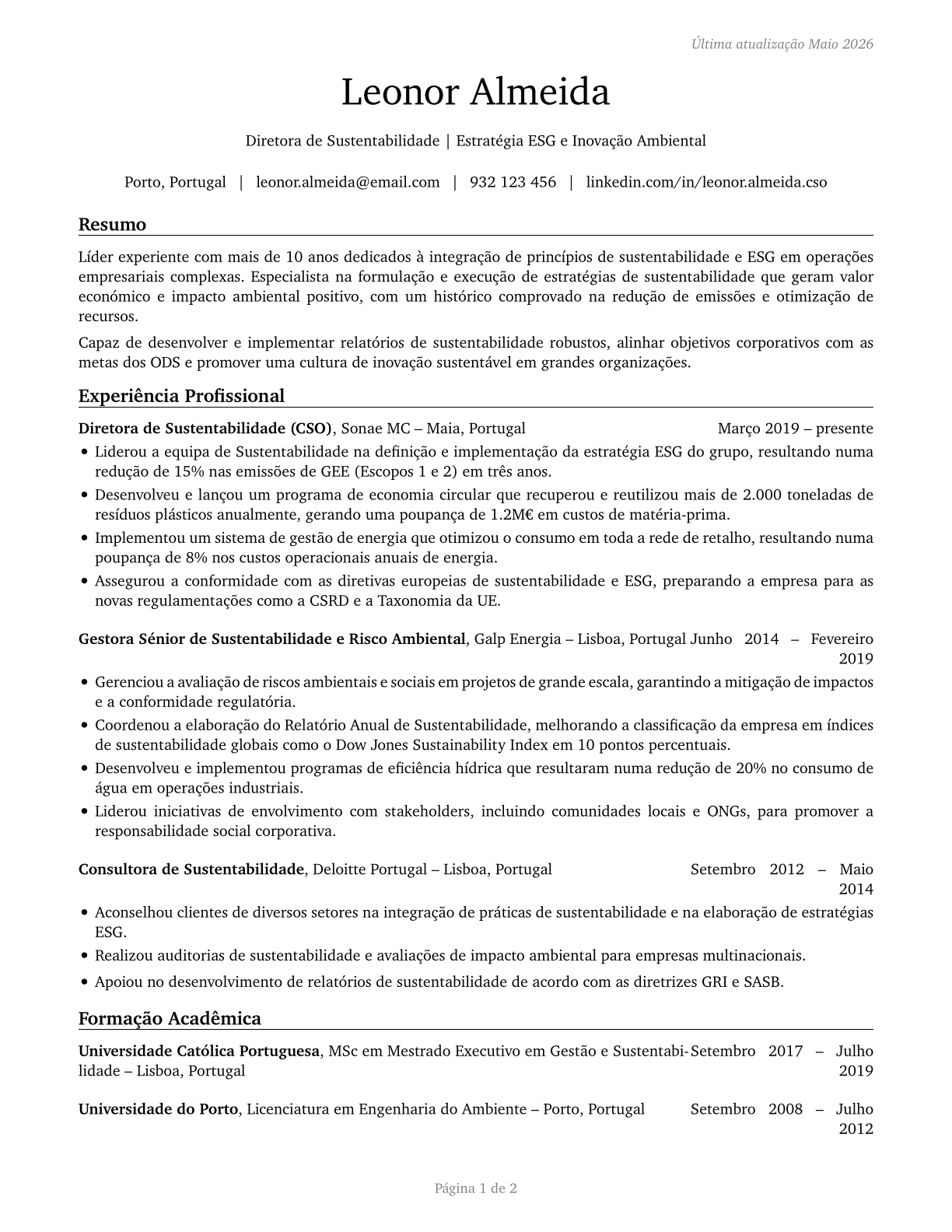 Chief Sustainability Officers CV in Portuguese — page 1
