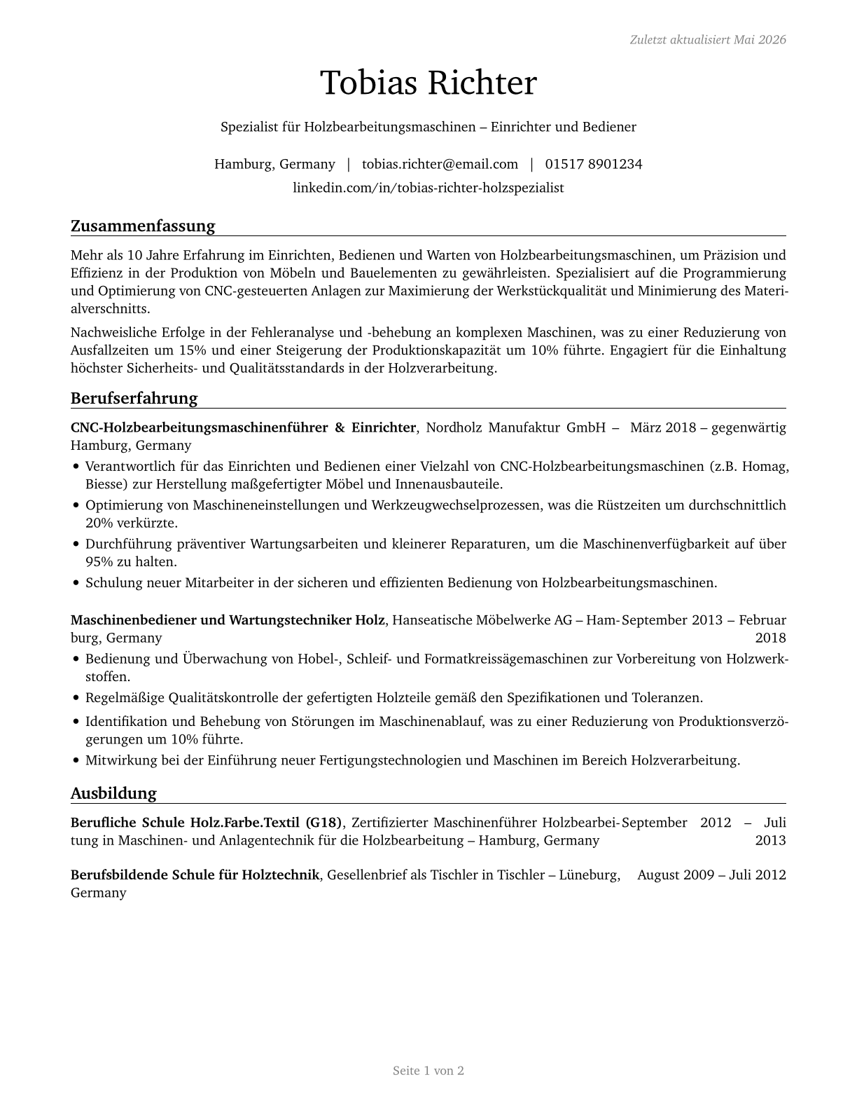 Woodworking Machine Setters, Operators, and Tenders, Except Sawing CV in German — page 1