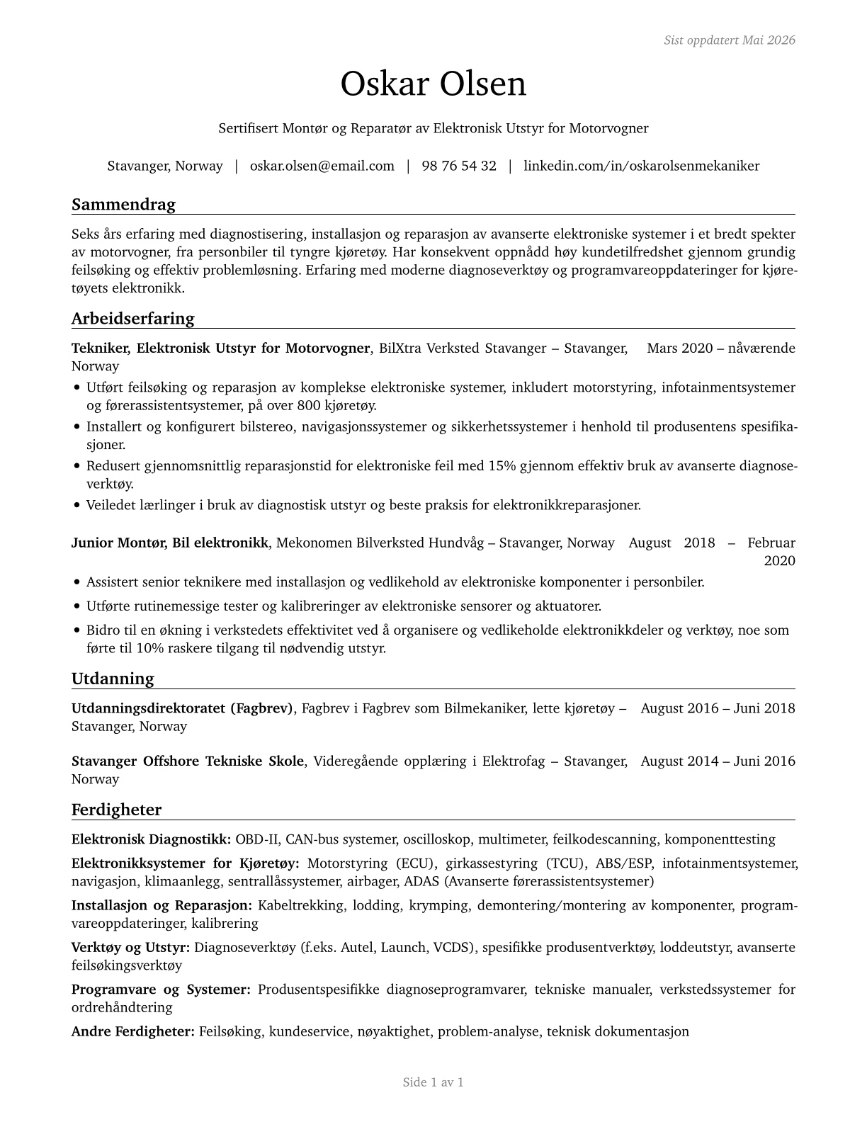 Electronic Equipment Installers and Repairers, Motor Vehicles CV in Norwegian_bokmal — page 1