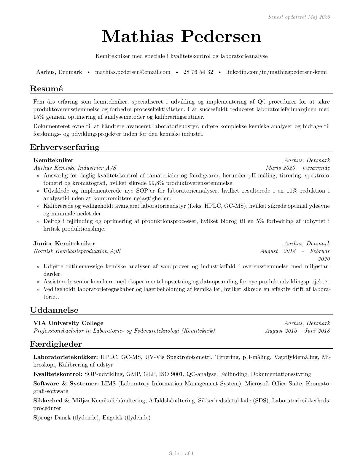 Chemical Technicians CV in Danish — page 1