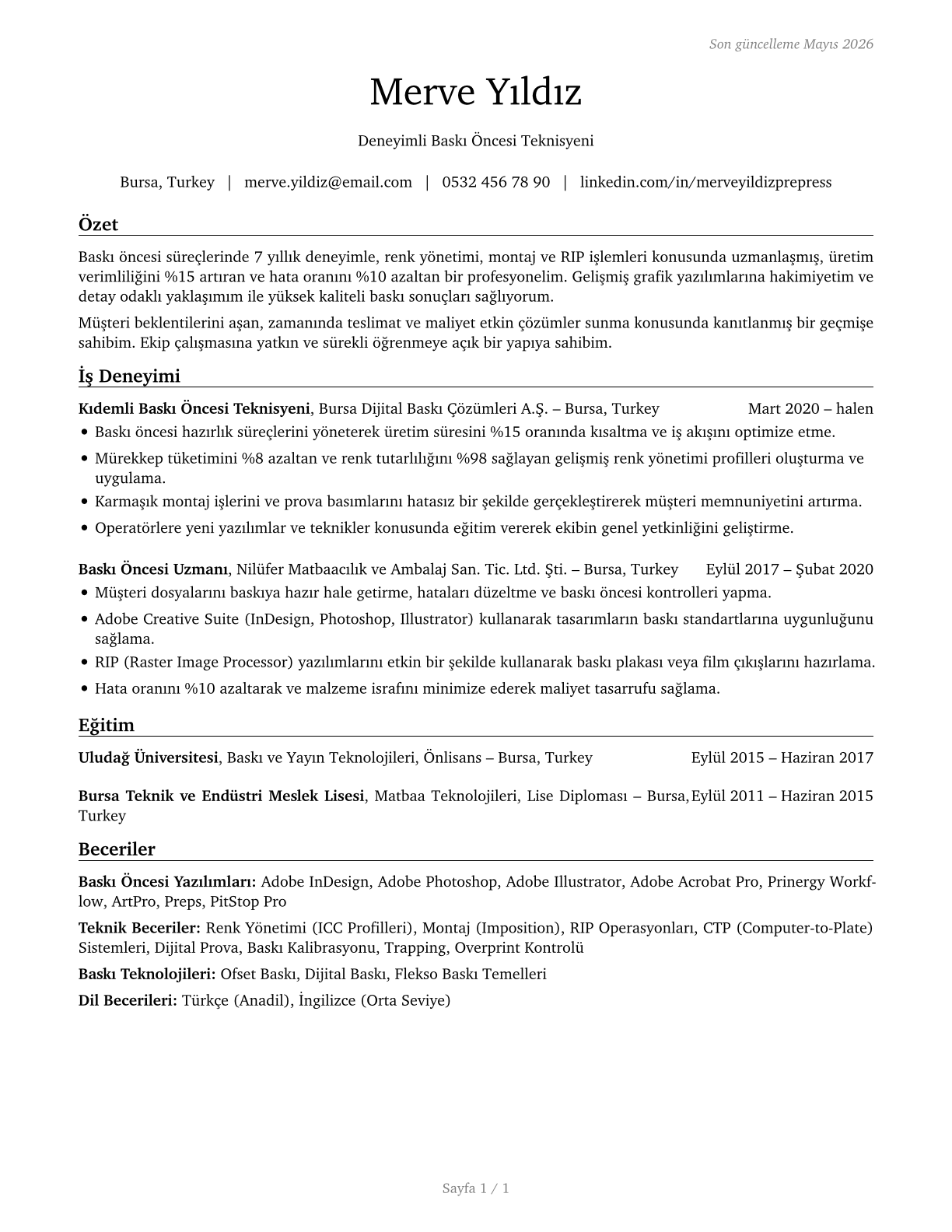 Prepress Technicians and Workers CV in Turkish — page 1
