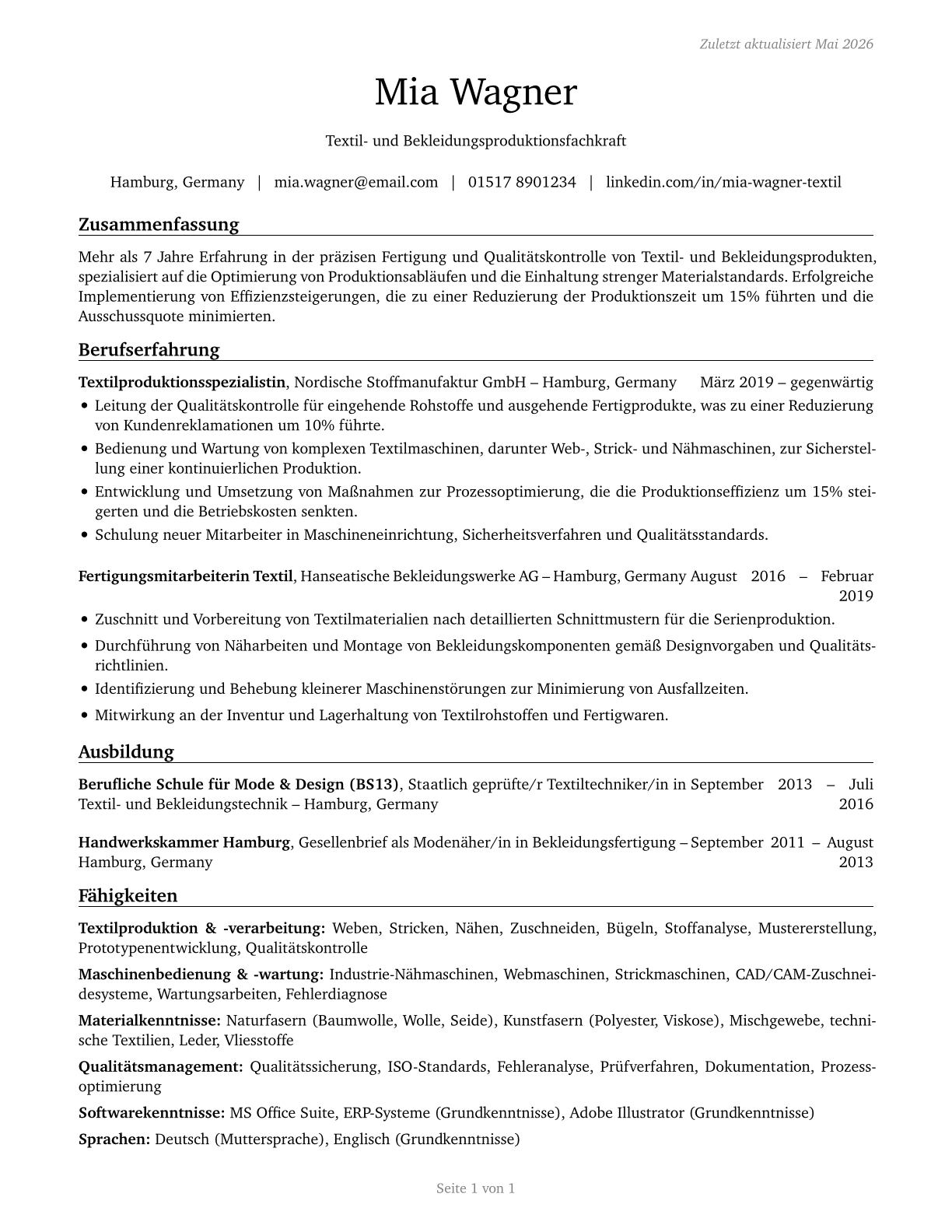 Textile, Apparel, and Furnishings Workers, All Other CV in German — page 1