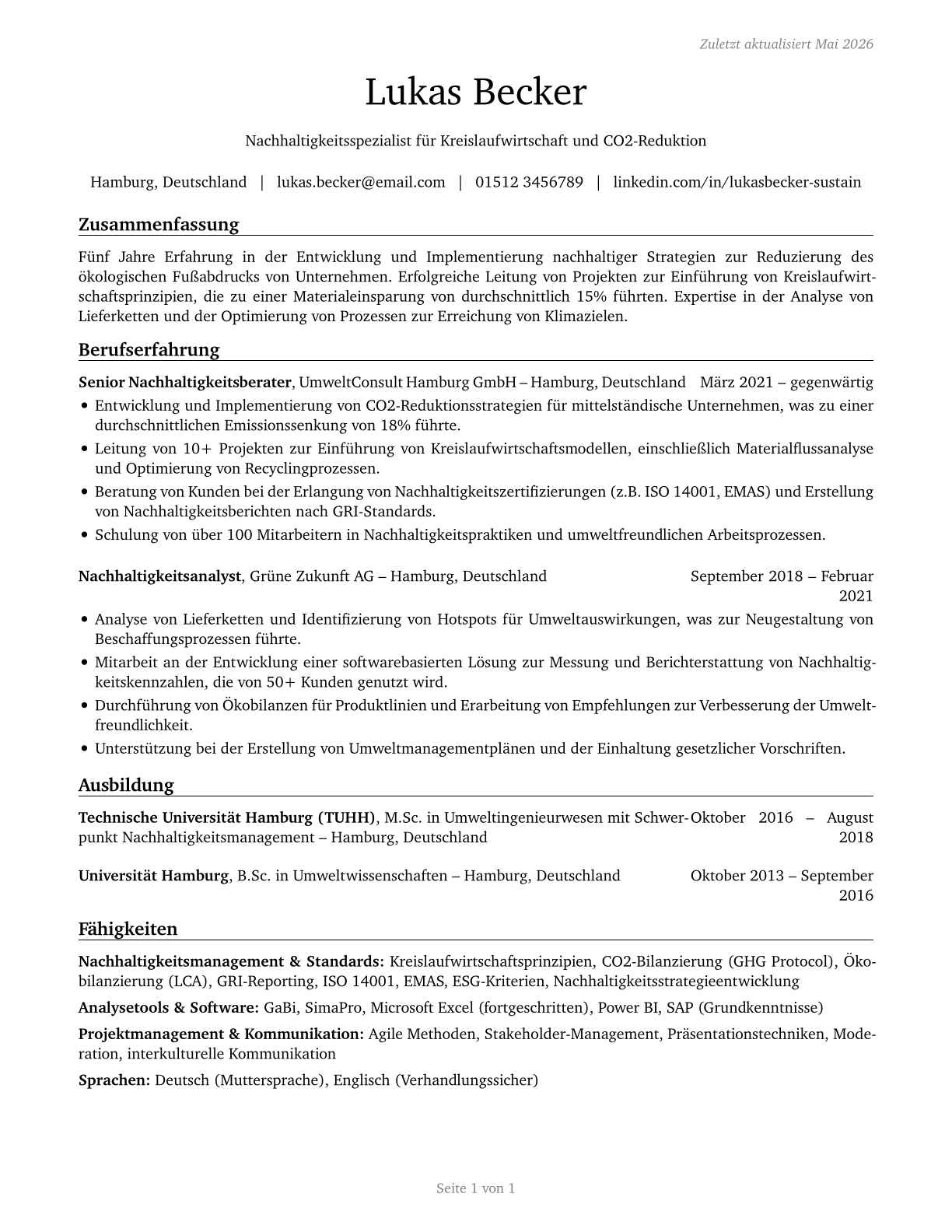 Sustainability Specialists CV in German — page 1