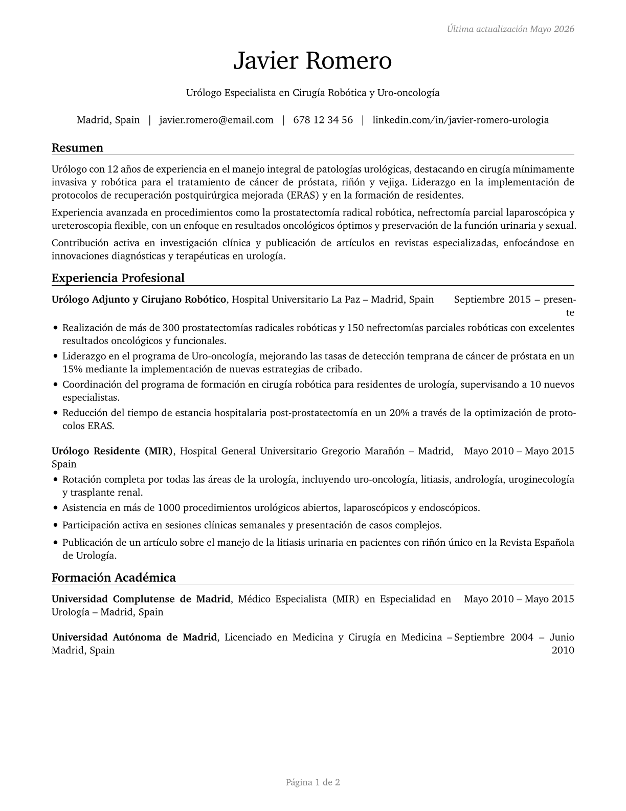 Urologists CV in Spanish — page 1