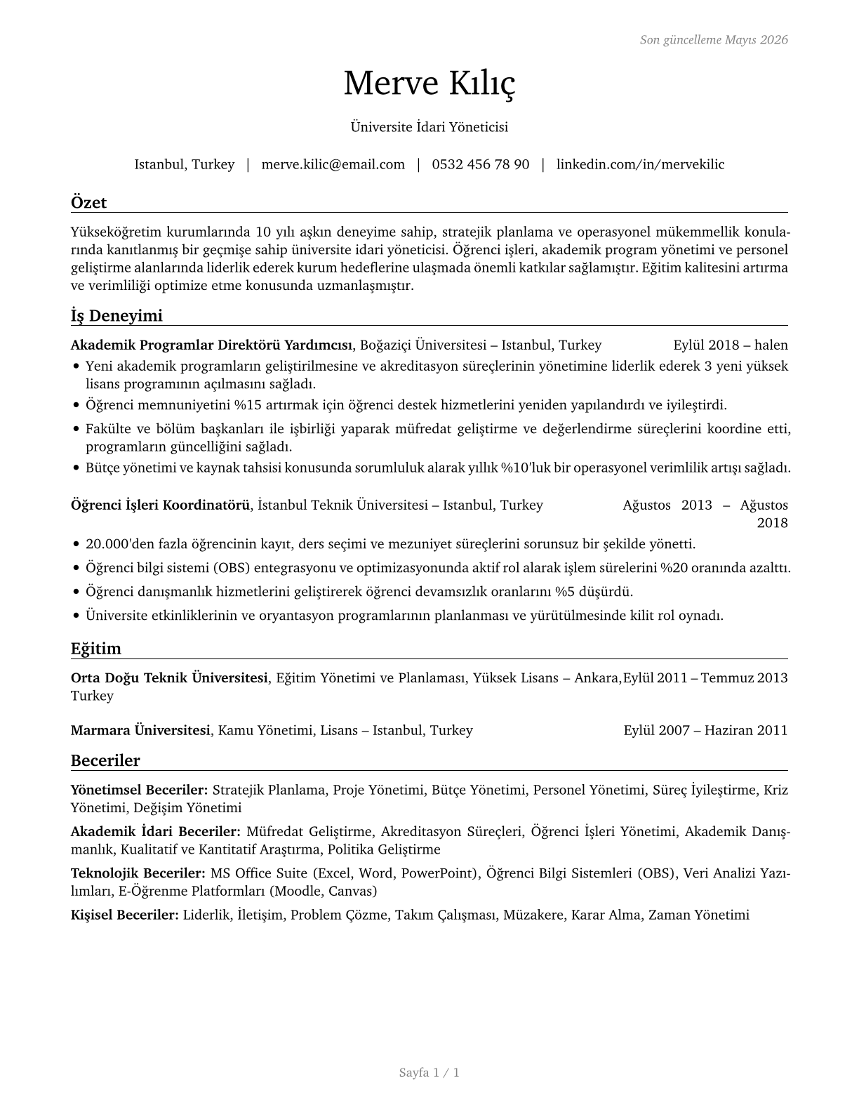 Education Administrators, Postsecondary CV in Turkish — page 1