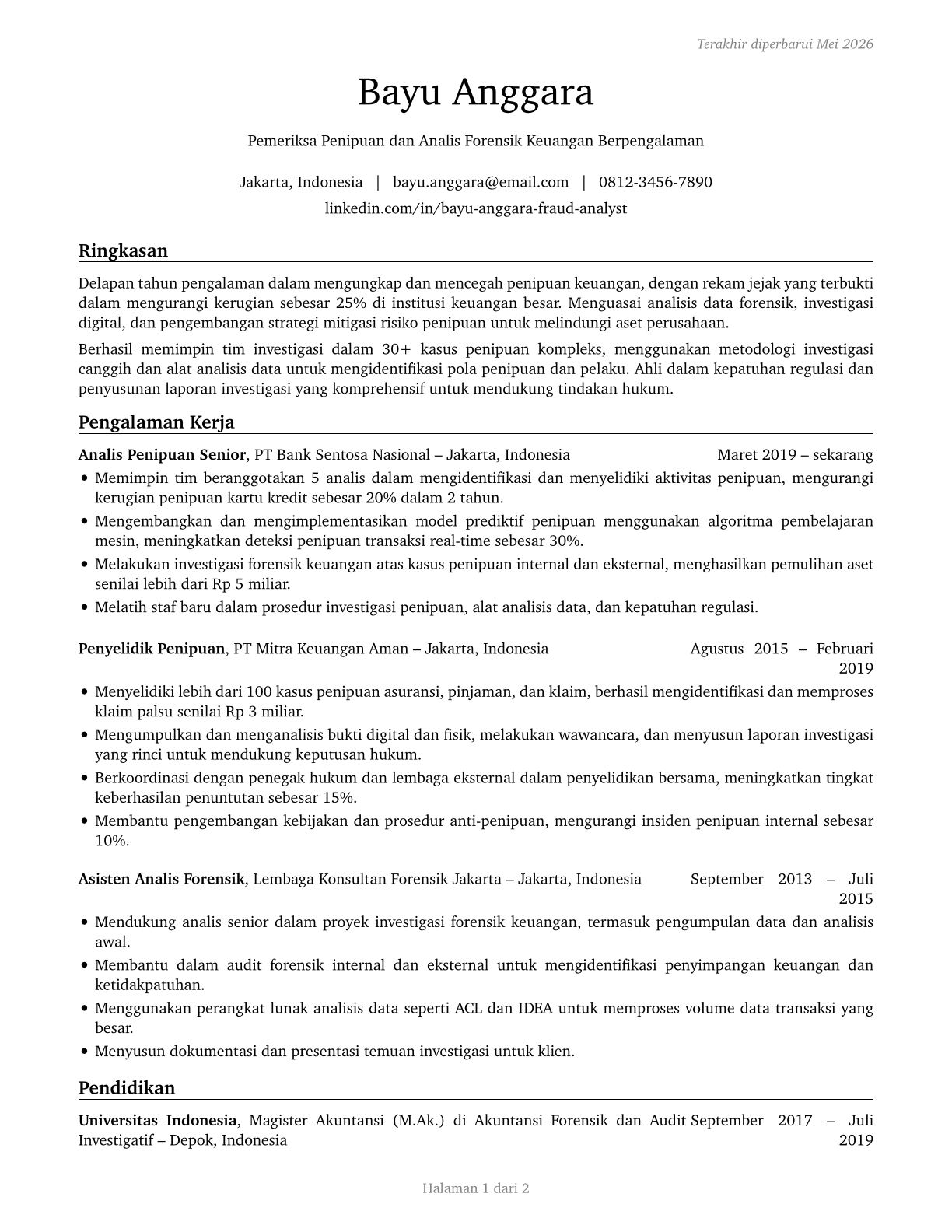Fraud Examiners, Investigators and Analysts CV in Indonesian — page 1