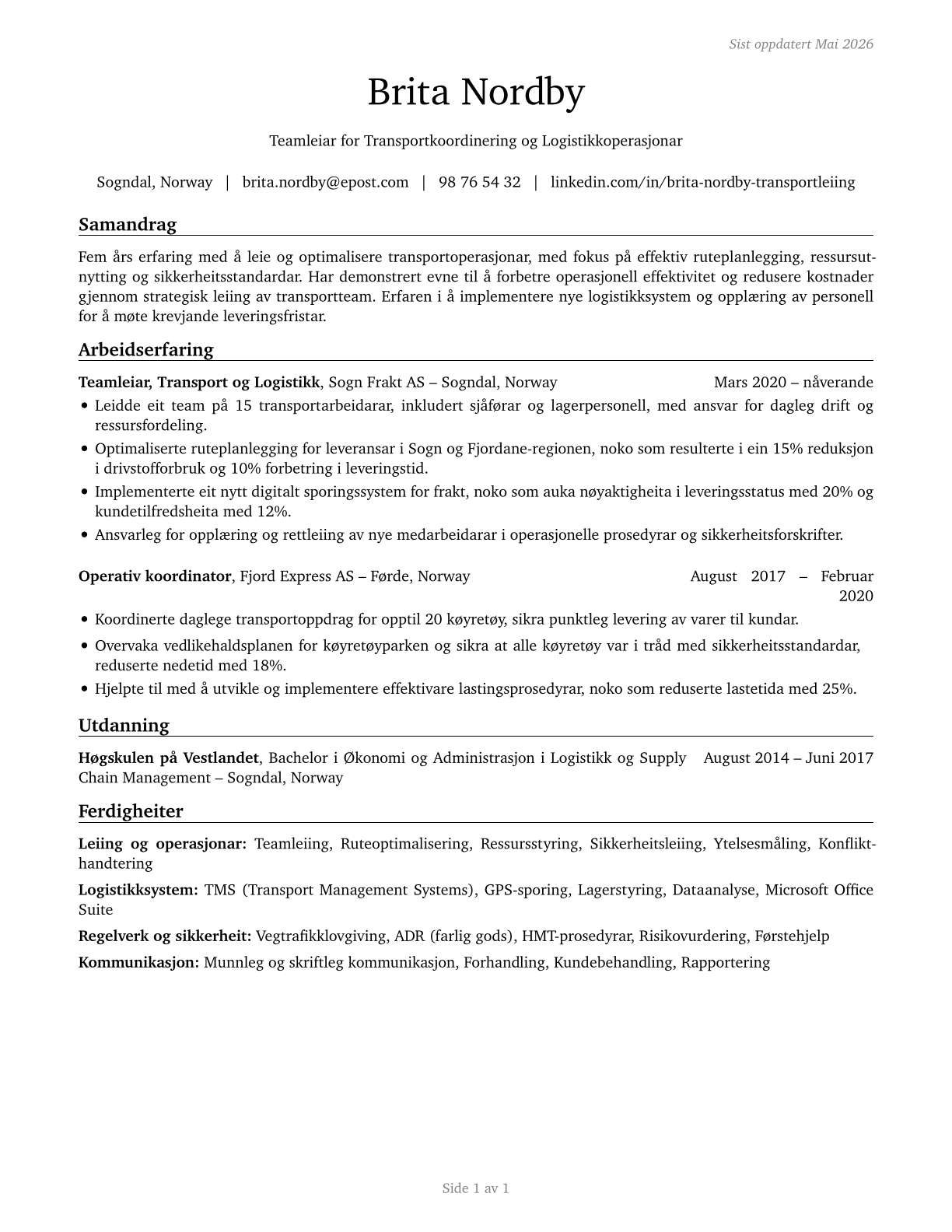 First-Line Supervisors of Transportation Workers, All Other CV in Norwegian_nynorsk — page 1