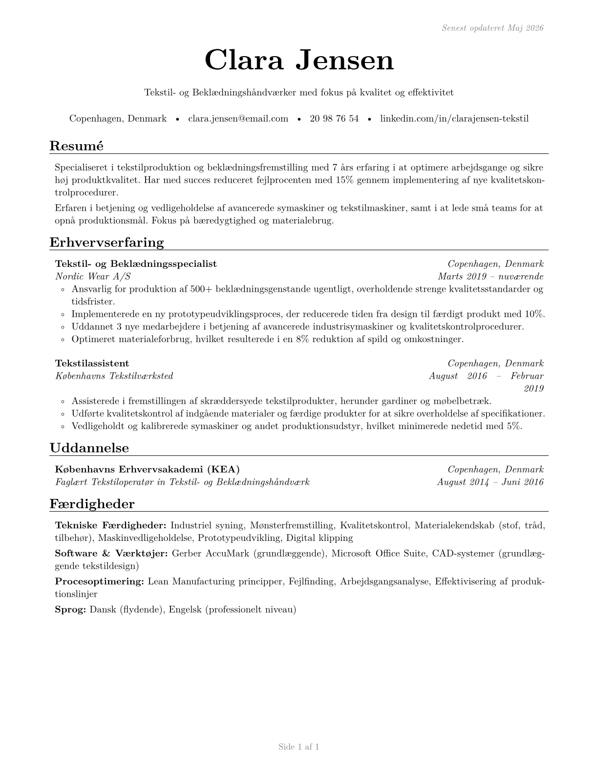 Textile, Apparel, and Furnishings Workers, All Other CV in Danish — page 1
