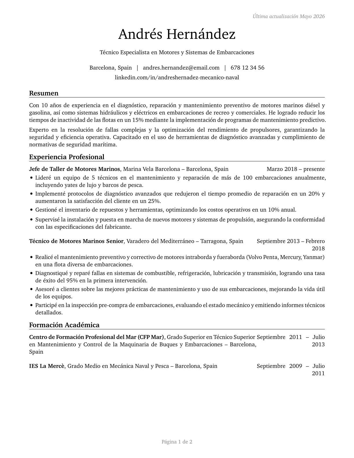 Motorboat Mechanics and Service Technicians CV in Spanish — page 1
