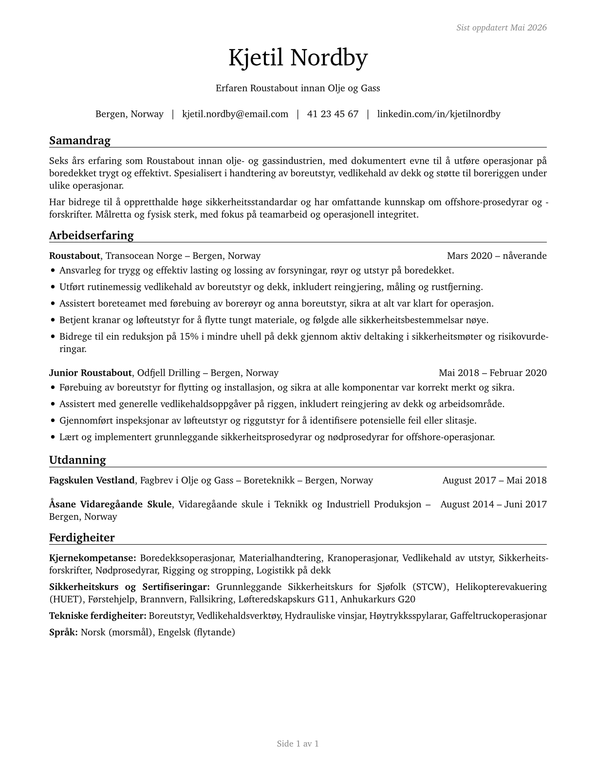 Roustabouts, Oil and Gas CV in Norwegian_nynorsk — page 1