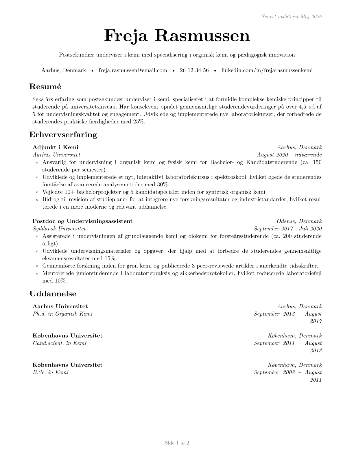 Chemistry Teachers, Postsecondary CV in Danish — page 1