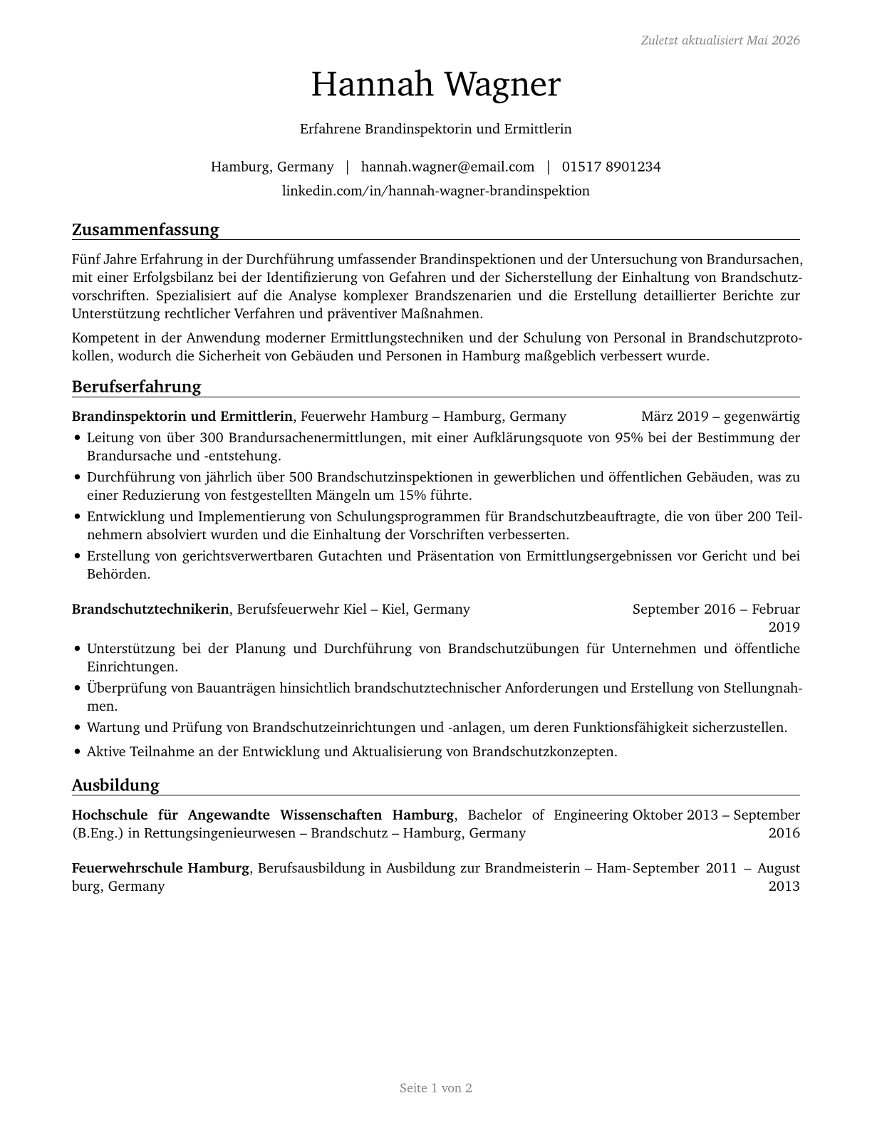 Fire Inspectors and Investigators CV in German — page 1