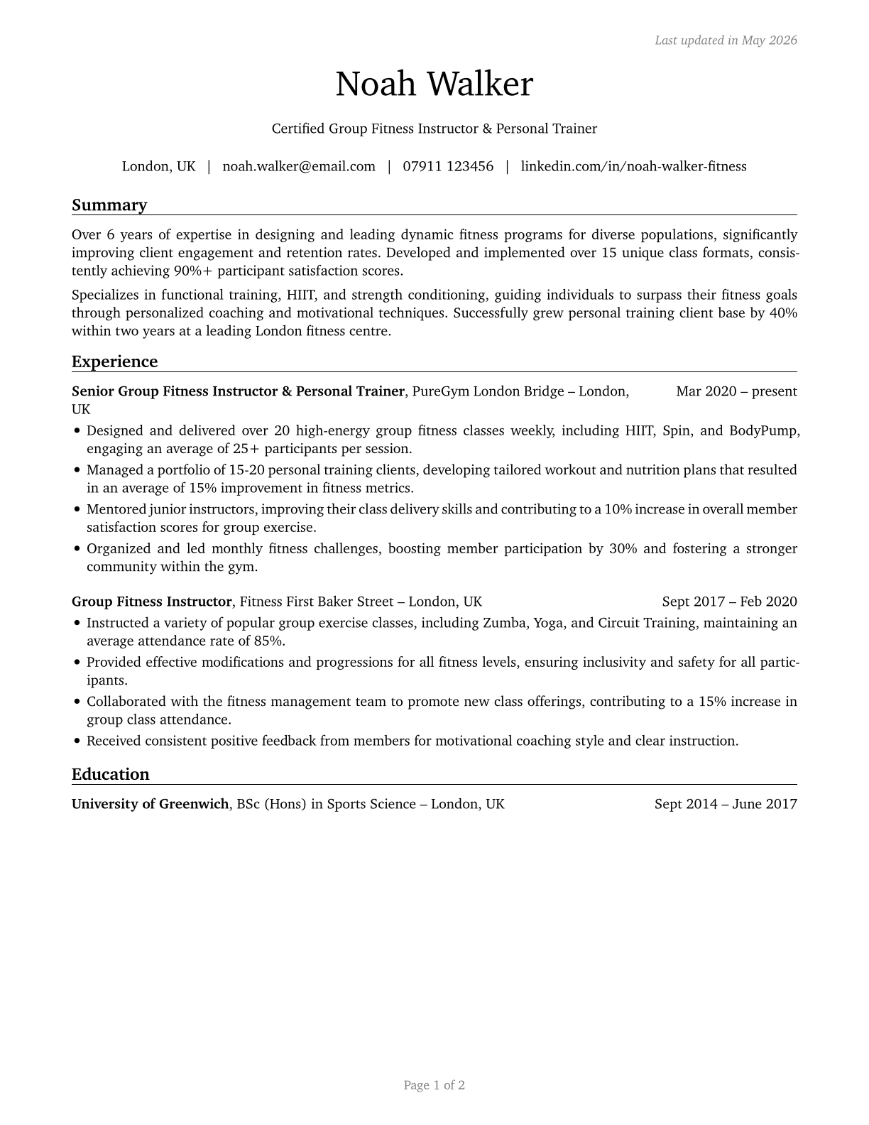 Exercise Trainers and Group Fitness Instructors CV in English — page 1