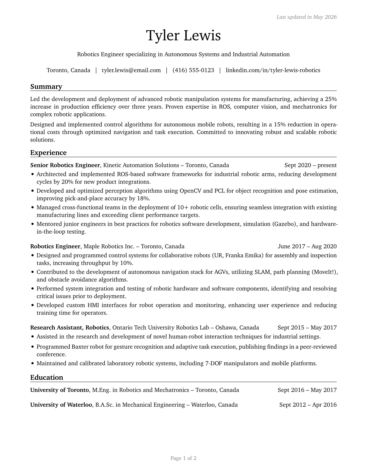 Robotics Engineers CV in English — page 1