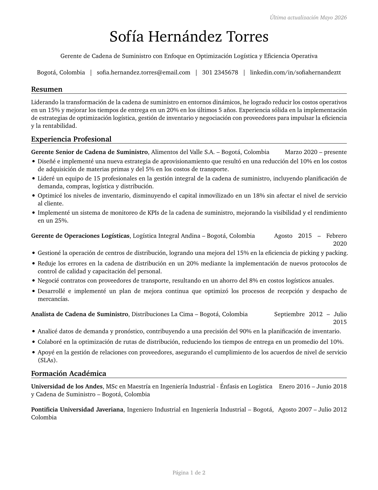 Supply Chain Managers CV in Spanish — page 1
