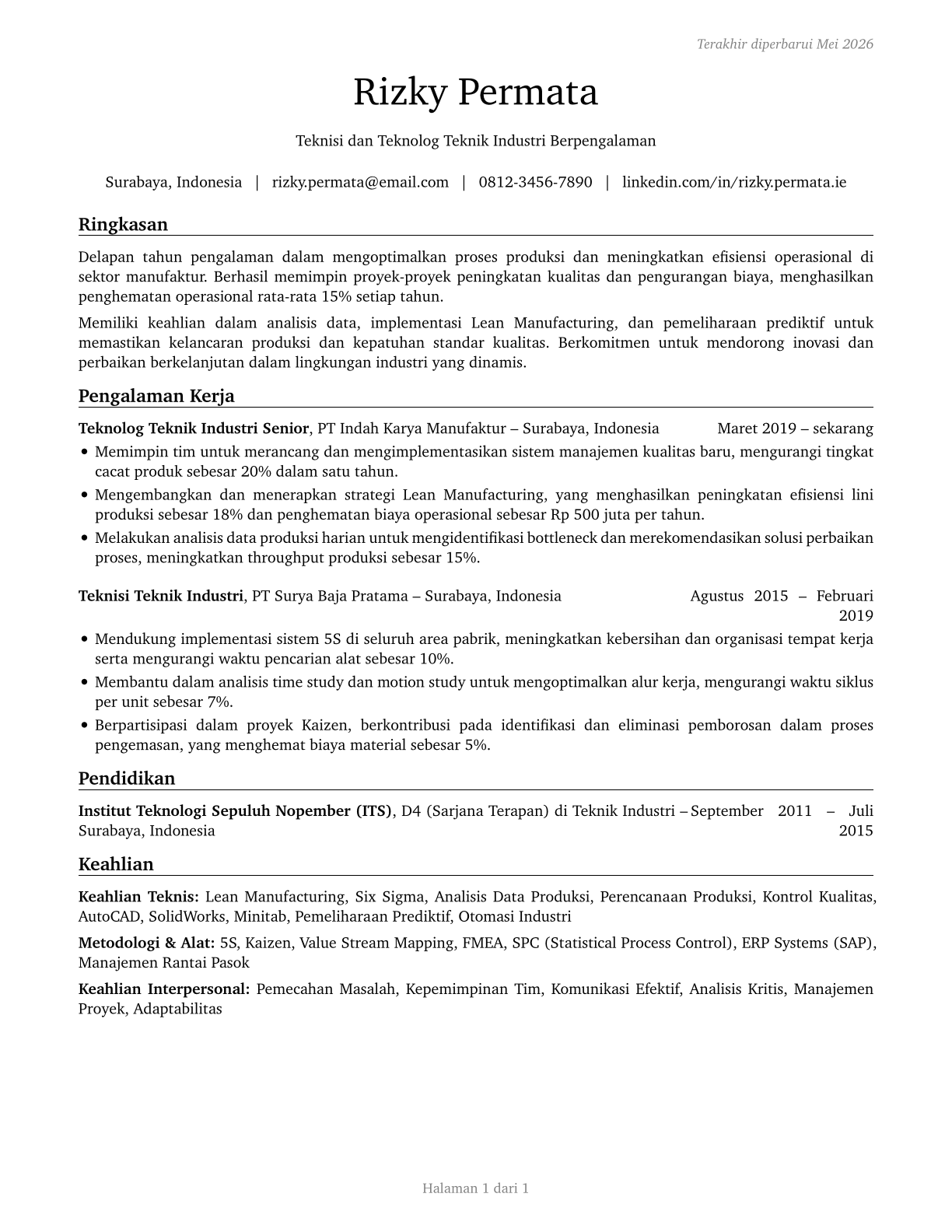 Industrial Engineering Technologists and Technicians CV in Indonesian — page 1