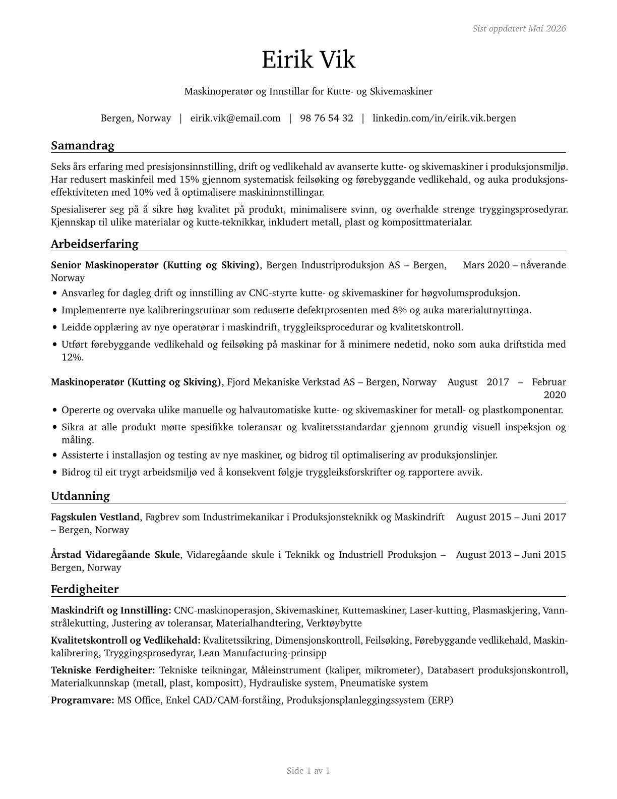 Cutting and Slicing Machine Setters, Operators, and Tenders CV in Norwegian_nynorsk — page 1