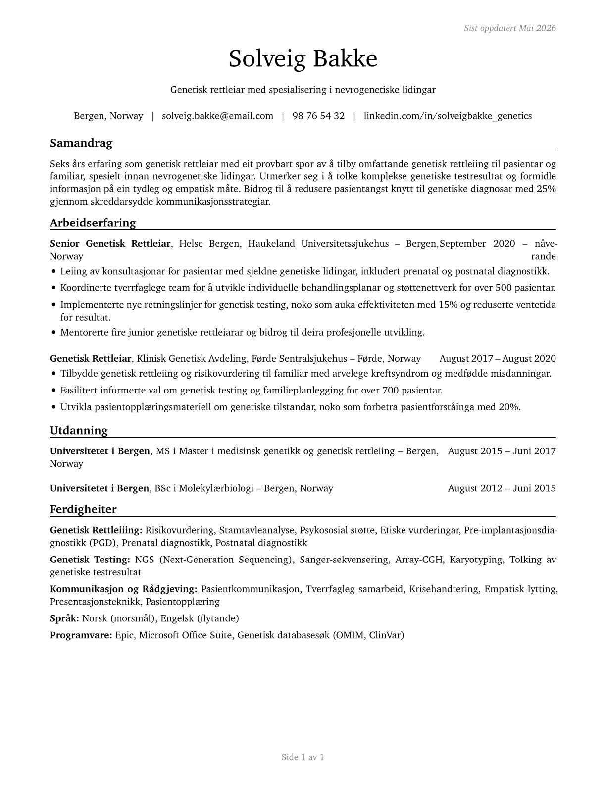 Genetic Counselors CV in Norwegian_nynorsk — page 1